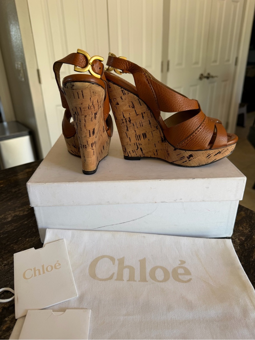 Chloé Tan Leather Cork Wedge Sandals - Picture 6 of 9